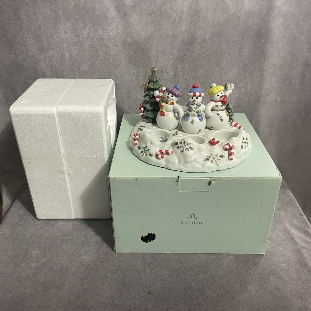 Partylite Snowbell Tealight & Pillar Candle Holder P7650 Snowman w Box Christmas